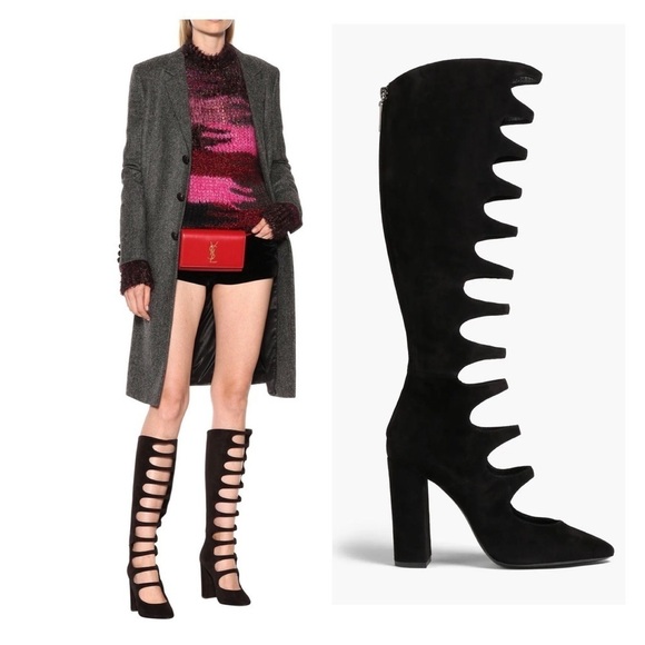 NIB SAINT LAURENT Joplin 105 Cutout Suede Knee High Boot Black US 6.5 EU 39.5 - Picture 1 of 12
